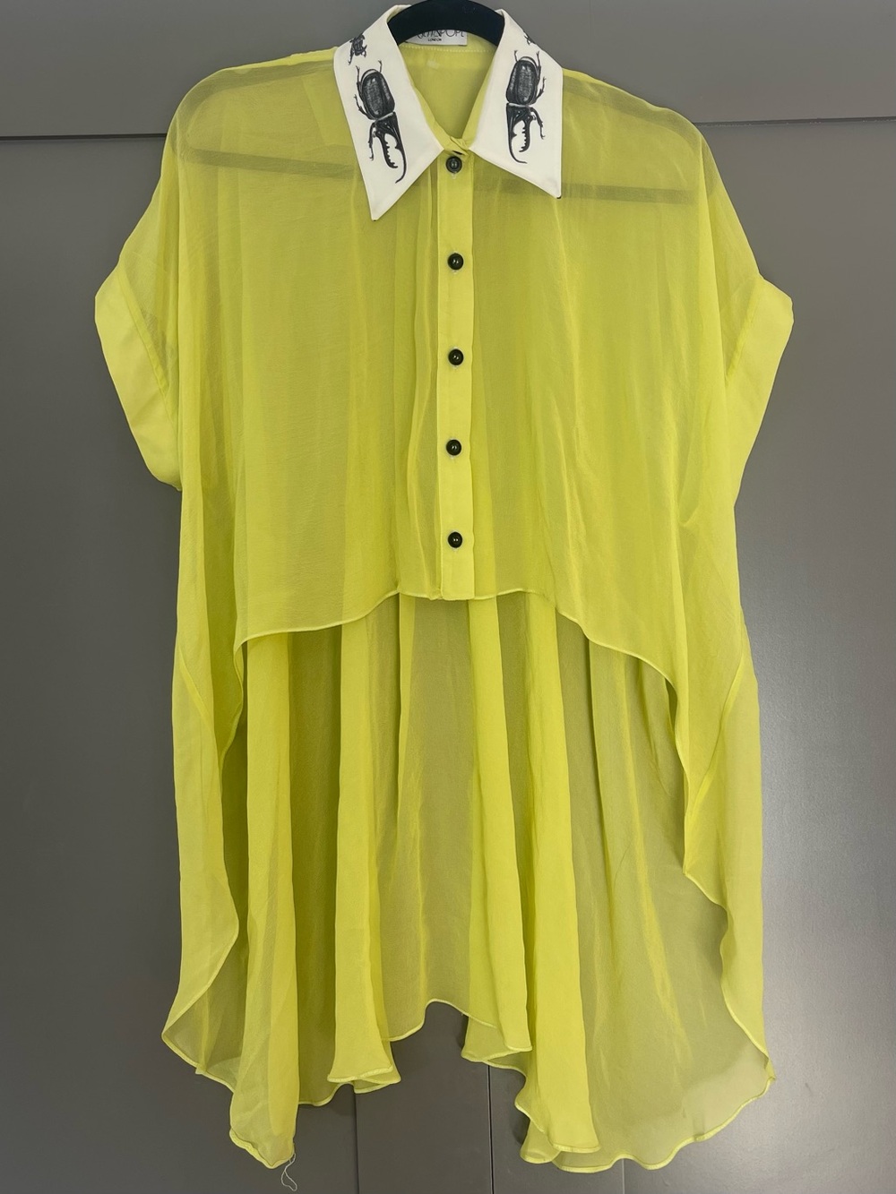 Sheer Lime Yellow High-Low Button Front Blouse with Embroidered Collar